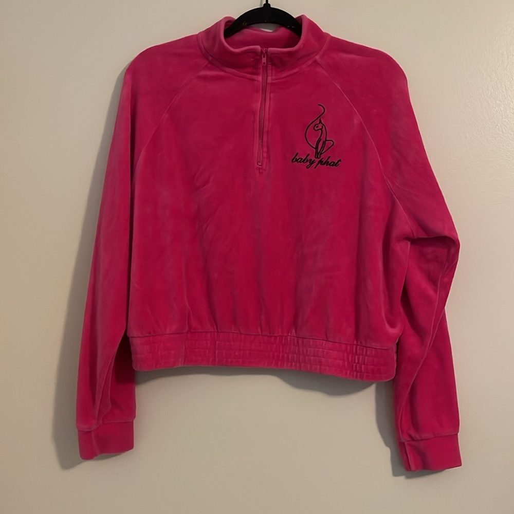 Baby Phat Cropped Pullover Womens Size 0X Pink Velvet Half Zip Cat Logo Top